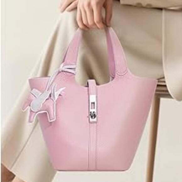 Neiman Marcus Pink Vegan Leather Bucket Purse - Picture 2 of 4